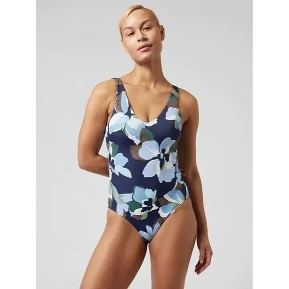Athleta Blue Floral Tropical One Piece Swimsuit XS - Picture 1 of 14